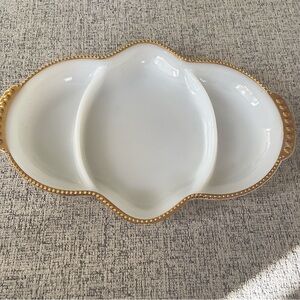 Fire King Vintage Milk Glass Gold Trim Divided Serving Dish